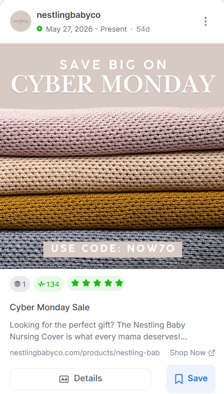 Nestling Baby Co Cyber Monday ad showing four stacked knit nursing covers in pink, cream, mustard, and blue.
