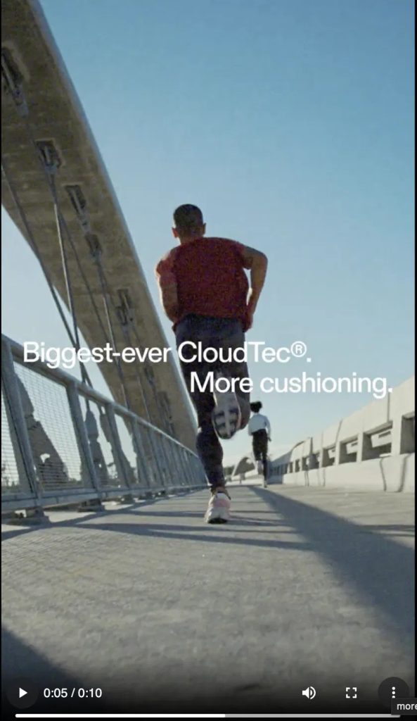 On TikTok ad: a runner crossing a bridge with the on-screen line "Biggest-ever CloudTec. More cushioning," illustrating On's Cloudmonster 2 awareness creative.