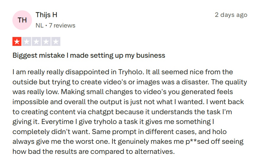 One-star Trustpilot review criticizing Holo AI for poor video and image output quality.