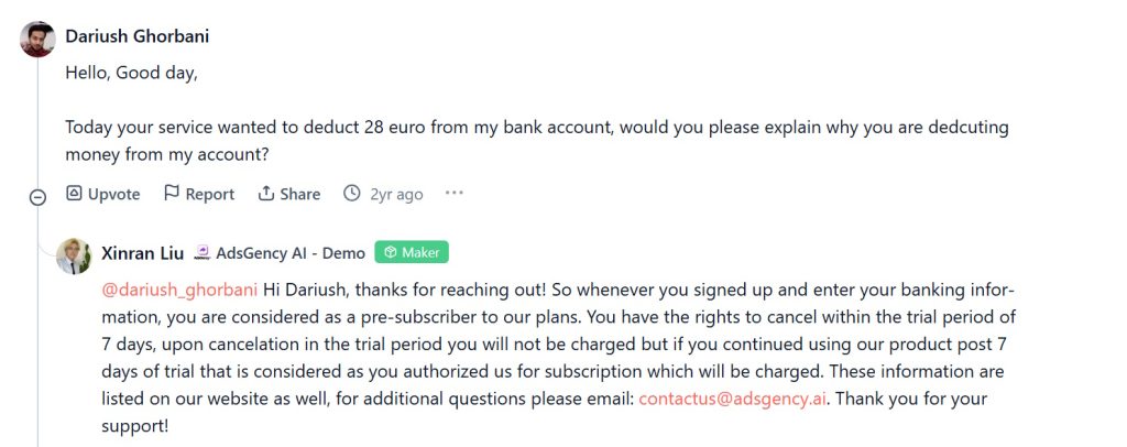 Product Hunt comment explaining that the 7-day trial automatically converts to a paid subscription.