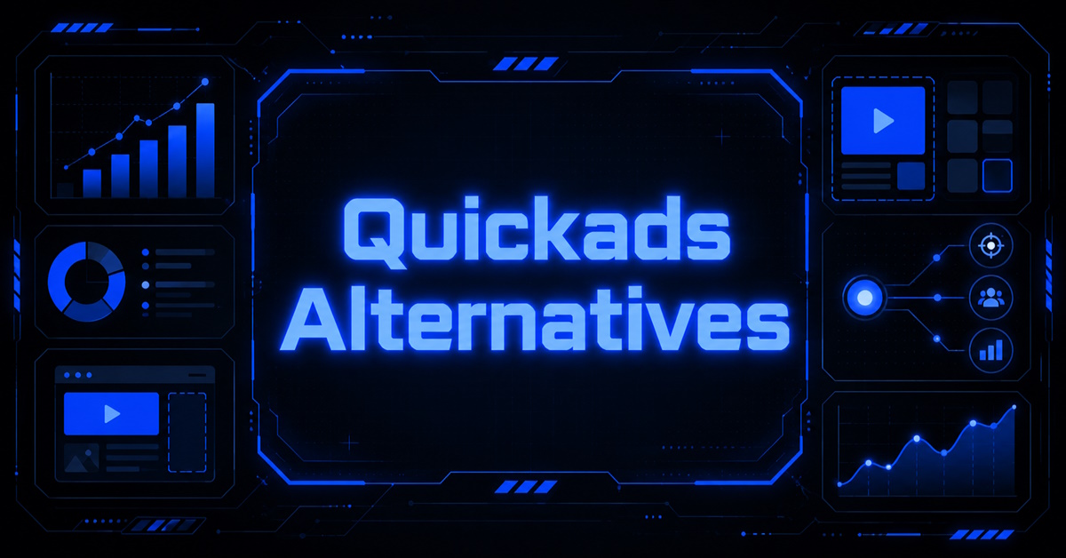 QuickAds Alternatives banner with the title displayed inside a neon blue futuristic frame, surrounded by icons for analytics and audience targeting.