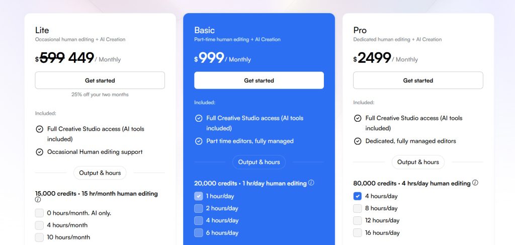 Screenshot of Konstant Kreative pricing page showing three subscription tiers: Lite, Basic, Pro.