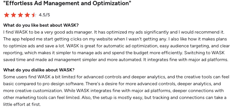 Screenshot of a user’s G2 review for WASK. 