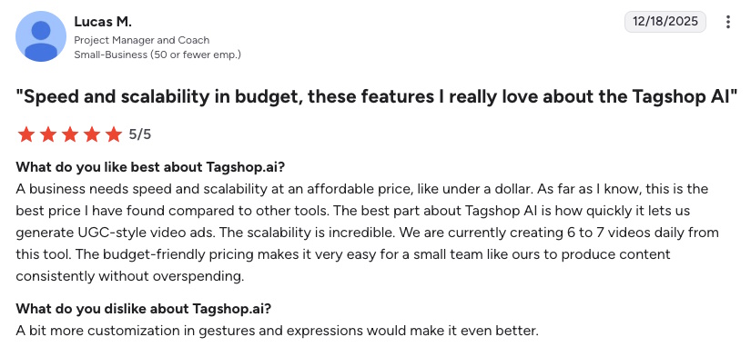 Screenshot of a user’s review for Tagshop AI.