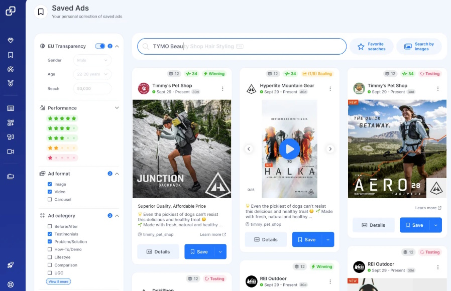 Screenshot showing GetHookd’s massive ads library.