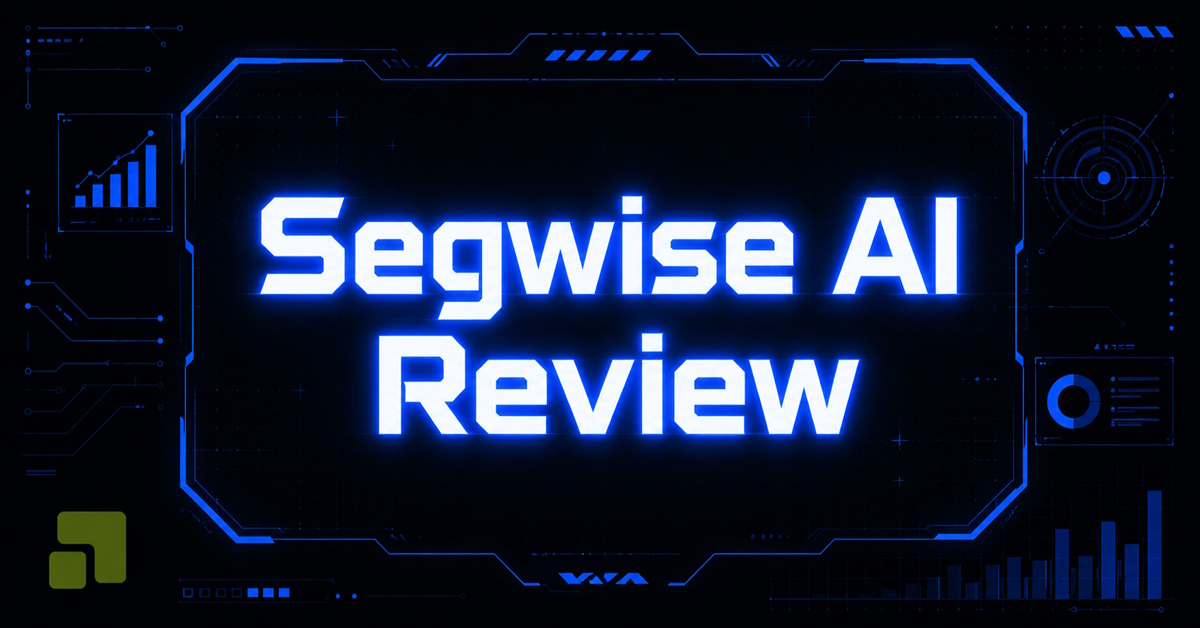 Segwise AI Review banner inside a neon blue futuristic frame against a dark digital backdrop with chart and analytics icons.