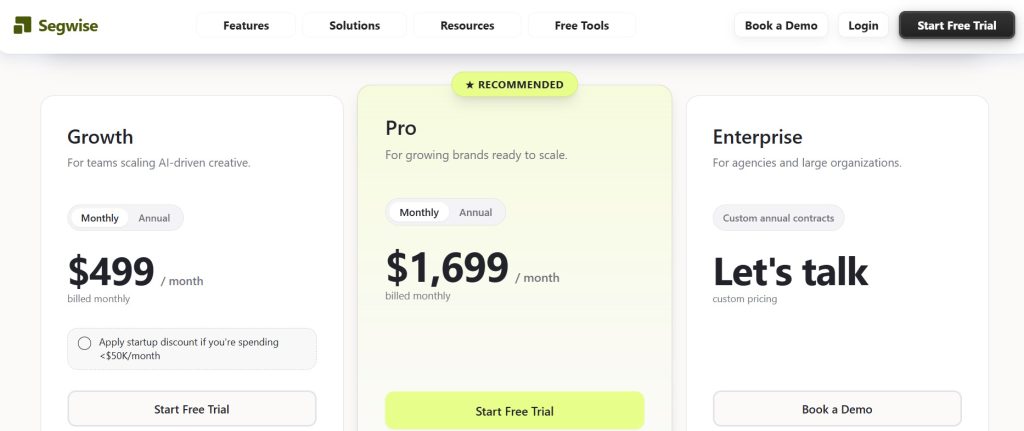 Segwise pricing page showing three plans: Growth, Pro, and Enterprise.