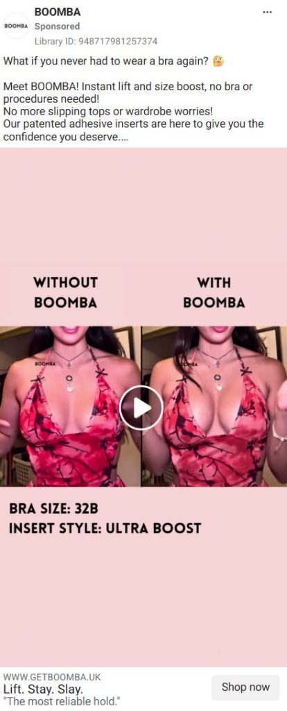 Side-by-side before-and-after showing BOOMBA Invisible Lift insert effect on a 36G bra size.