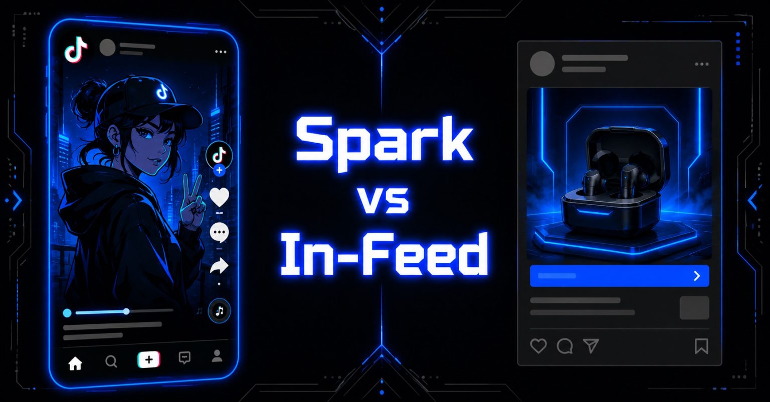Spark vs In-Feed: TikTok mockup contrasting a creator-style Spark Ad with a product earbud In-Feed Ad to illustrate the two format differences.