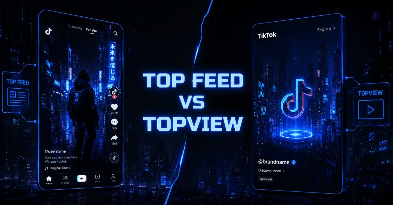 'TOP FEED VS TOPVIEW': side-by-side TikTok phone mockups contrasting in-feed ad placement in the For You feed versus a full-screen brand takeover on app open.