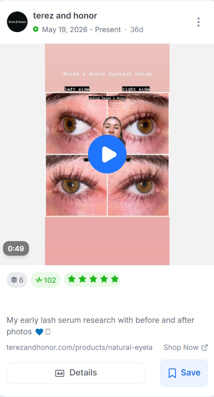 Terez and Honor eyelash serum ad with a split-screen comparing the customer's left and right eyes before and after using the product.