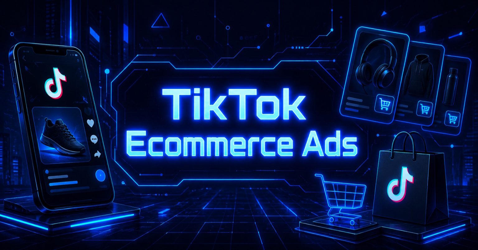TikTok Ecommerce Ads banner showing a TikTok-branded phone displaying a sneaker listing, alongside a glowing shopping cart and bag