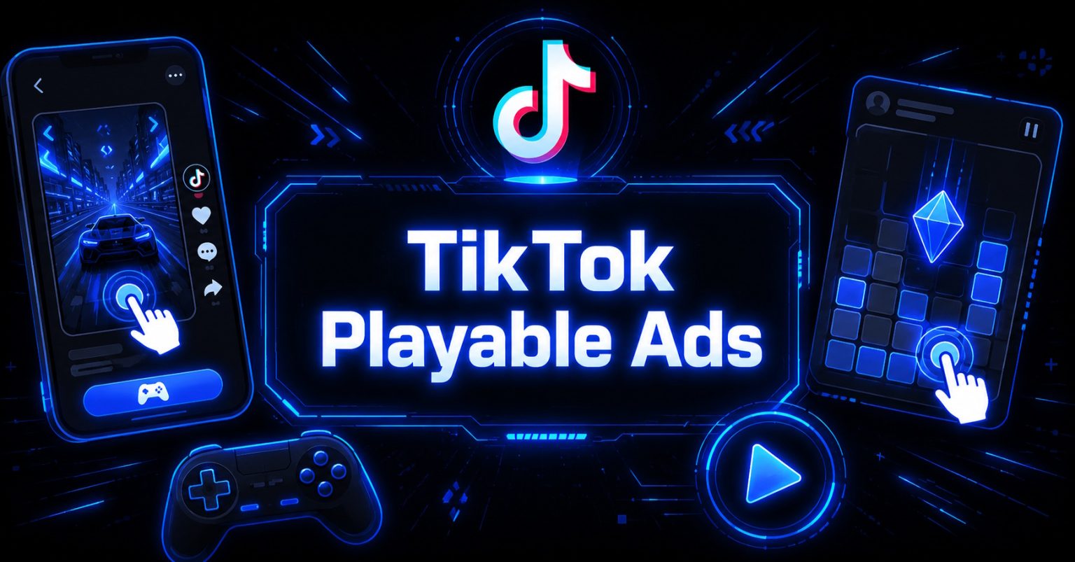 TikTok Playable Ads: two phones displaying interactive game demos with tap prompts, a gamepad, and a glowing play button on a dark neon background.