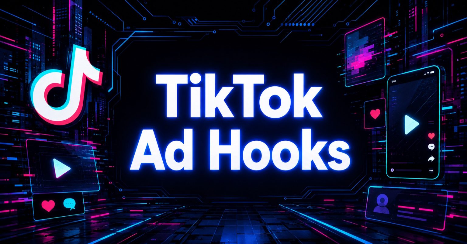 TikTok ad hooks cyberpunk graphic with neon social media visuals.