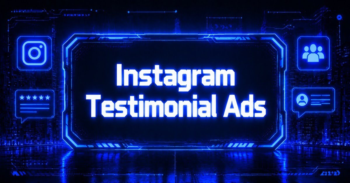 Title banner for Instagram Testimonial Ads with social proof and review icons on the sides