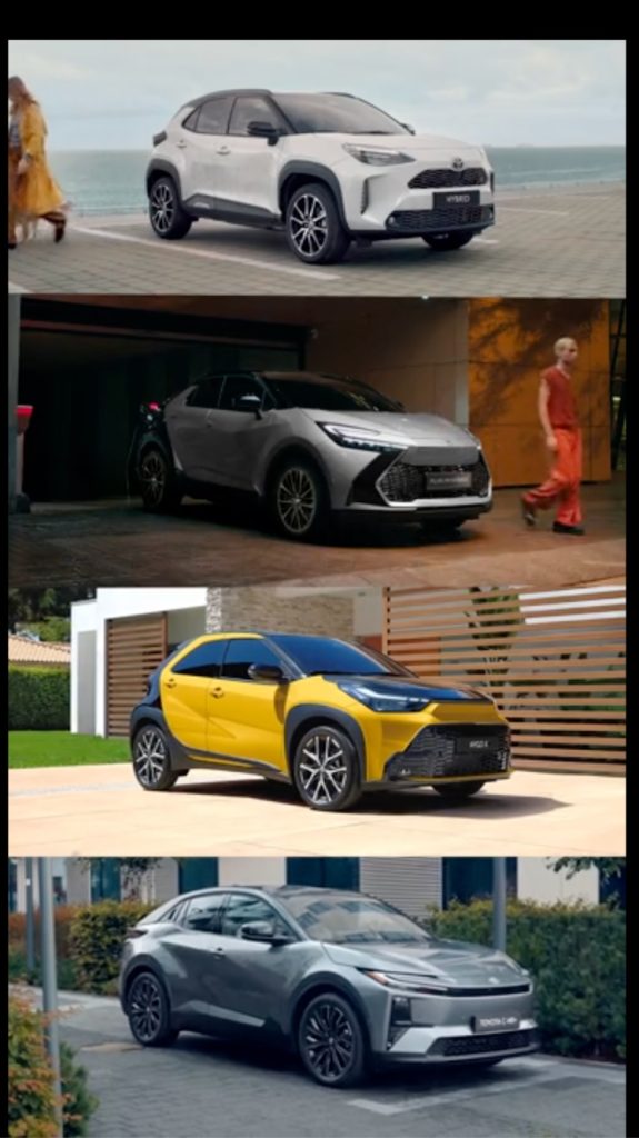 Toyota Yaris Cross, Toyota Aygo X Hybrid, and 2 2026 Toyota C-HR cars featured in a single TikTok automotive ad