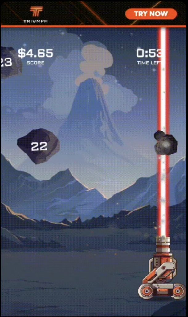 Triumph Arcade TikTok playable ad: a skill-based arcade mini-game showing a live dollar score, a countdown timer, and a "Try Now" button, illustrating a real-cash playable that users try before installing.