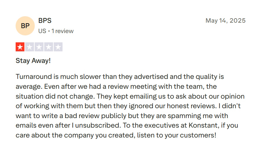 Trustpilot review criticizing Konstant Kreative for a slower-than-advertised turnaround.