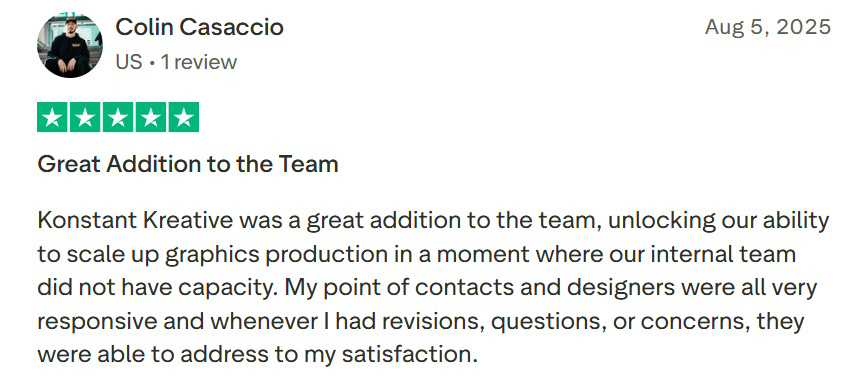 Trustpilot review from Colin Casaccio praising Konstant Kreative for responsive designers.