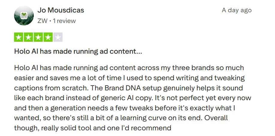 Trustpilot review praising Holo AI for saving time on ad content across brands.