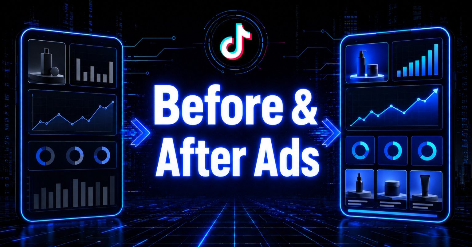Two smartphones illustrating improved dashboards with TikTok logo and "Before & After Ads" text.