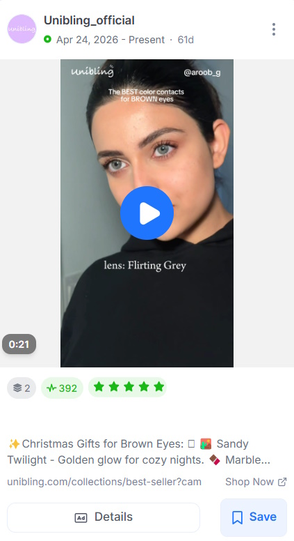 Unibling color contacts ad featuring a creator showing her contact lenses.