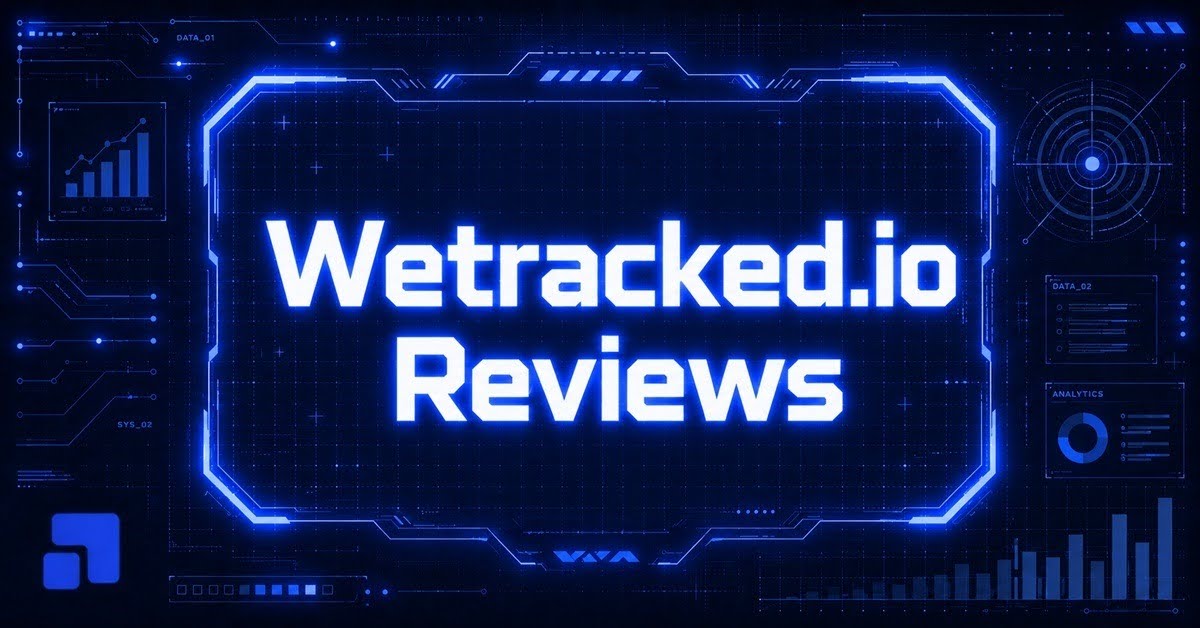 Wetracked.io Reviews banner with the title displayed inside a neon blue futuristic frame, surrounded by analytics dashboards.