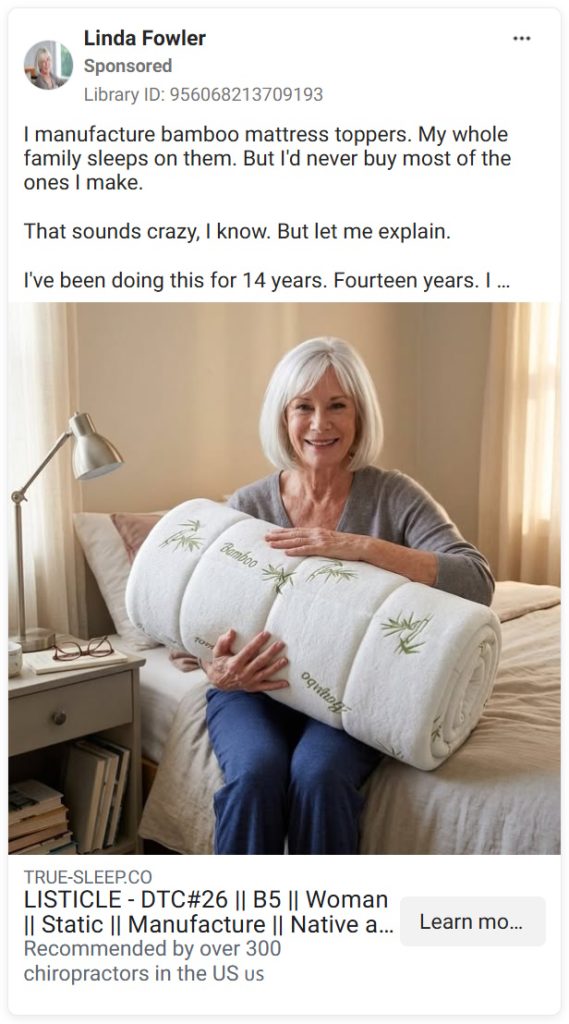 Woman holding a rolled bamboo mattress topper in a native-format Facebook ad mimicking an organic post.