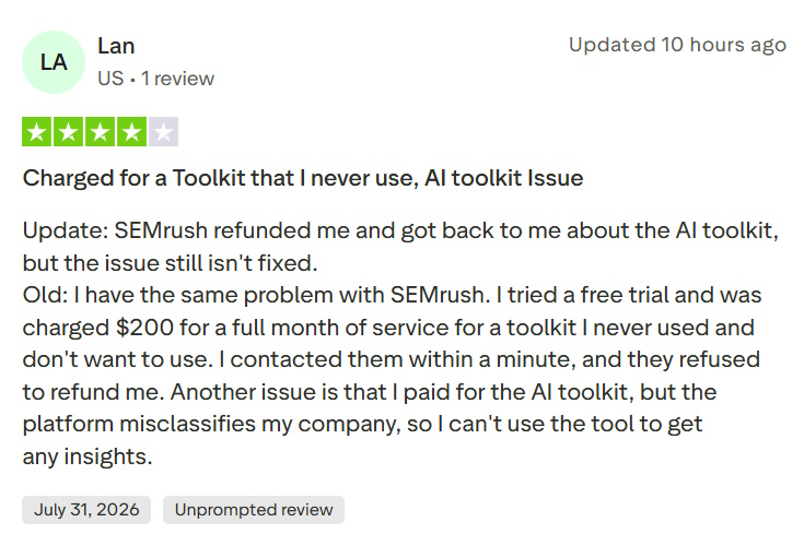 4-star Trustpilot review from Lan describing a Semrush billing issue and subsequent refund.