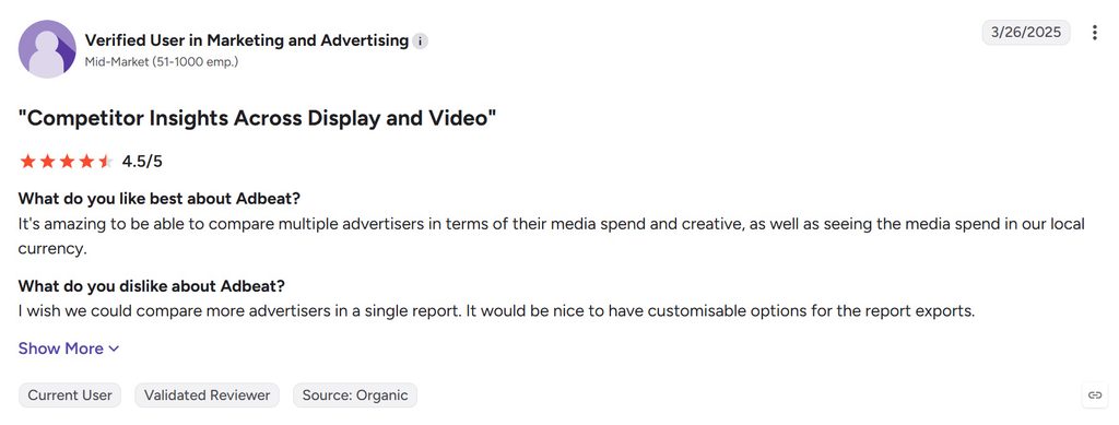 4.5-star G2 review from a verified marketing and advertising user praising Adbeat’s competitor insights across display and video.