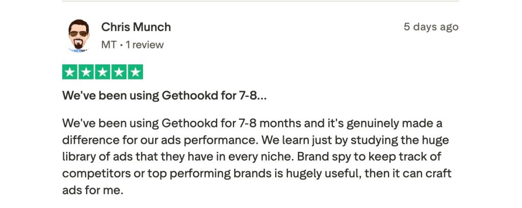 5-star Trustpilot review from Chris Munch praising GetHookd's ad library and brand spy feature.