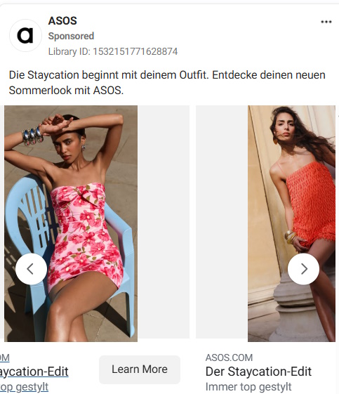 ASOS sponsored carousel showing different summer outfits on separate cards.