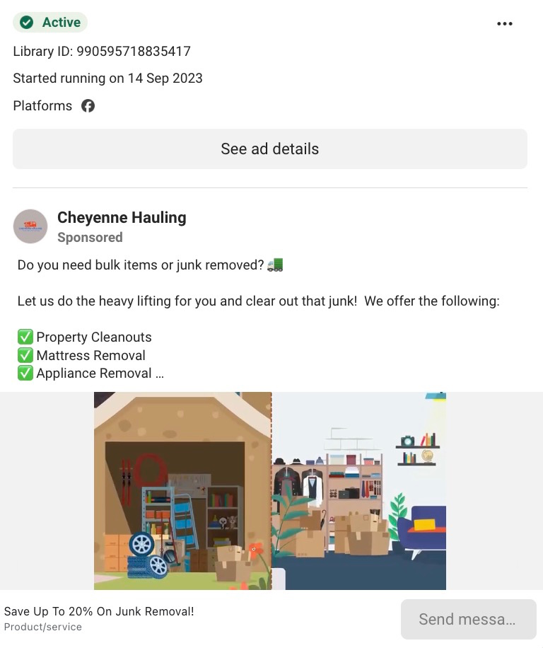 Active Cheyenne Hauling Facebook ad with animated junk removal scene, service checklist, discount offer, and Send Message button. 