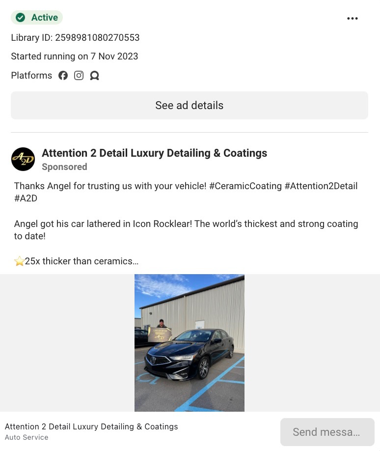 Active Meta Ad Library listing for Attention 2 Detail showing a customer appreciation post promoted as a sponsored ad. 