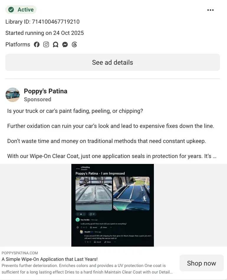 Active Meta Ad Library listing for Poppy's Patina showing a sponsored wipe-on clear coat ad with Reddit social proof.