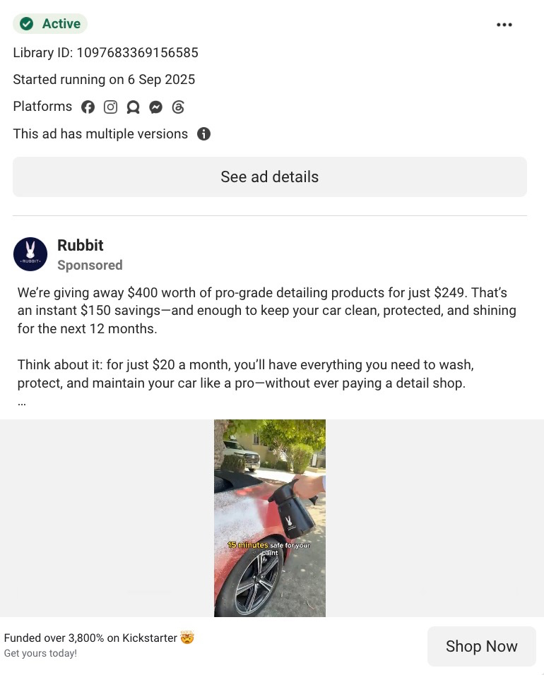 Active Meta Ad Library listing for Rubbit showing a sponsored detailing product bundle ad with pricing and Kickstarter mention. 