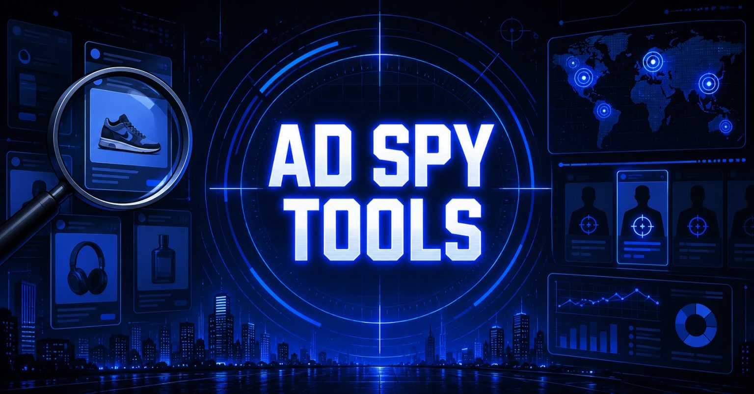 "Ad Spy Tools" text over a dark blue digital backdrop.