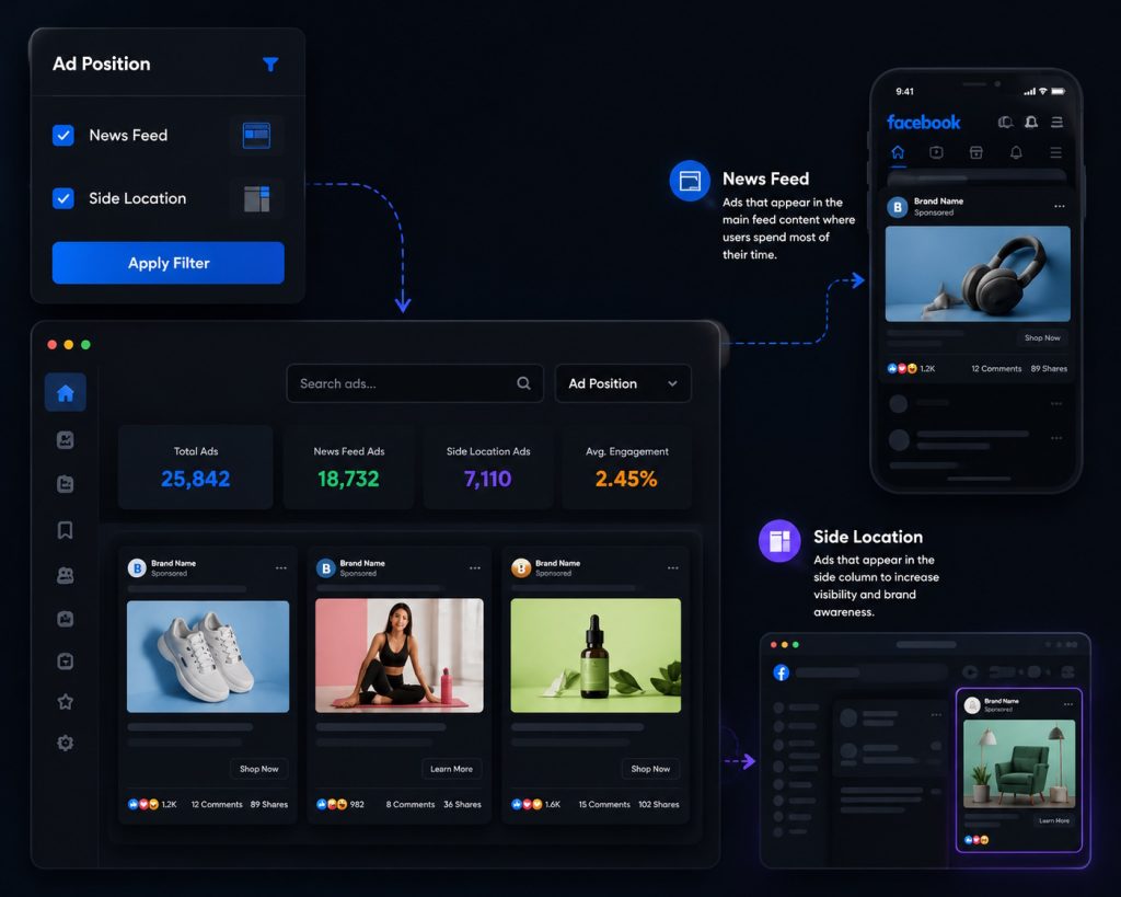 Ad intelligence dashboard showing ad position filters, engagement metrics, and news feed versus side location placements.