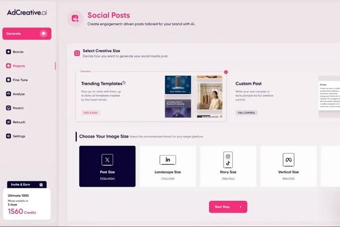 AdCreative.ai dashboard showing the Social Posts interface with trending templates and image size options.