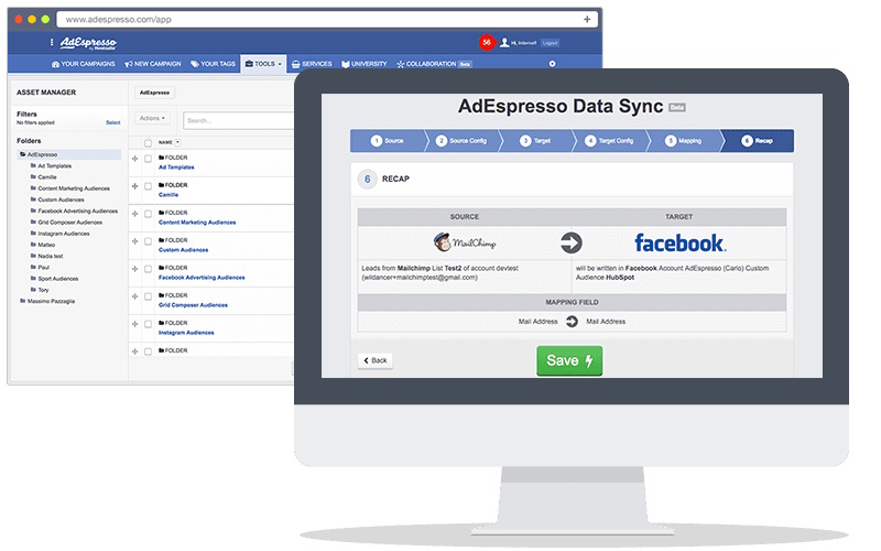 AdEspresso Data Sync interface mapping MailChimp leads to a Facebook Custom Audience in the recap step.