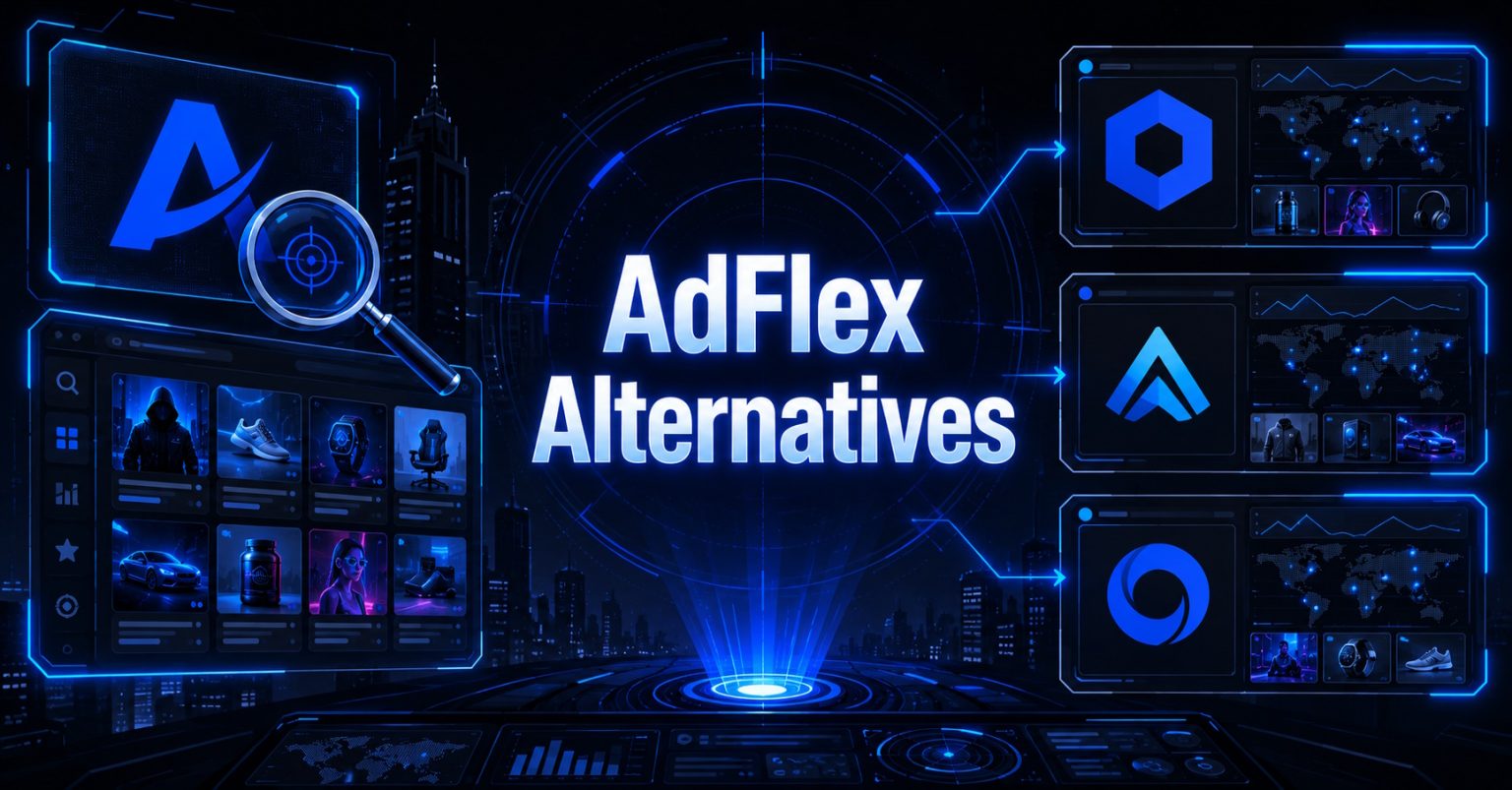 AdFlex Alternatives graphic with ad spy platform interfaces and competitor tool logos on a dark digital background.