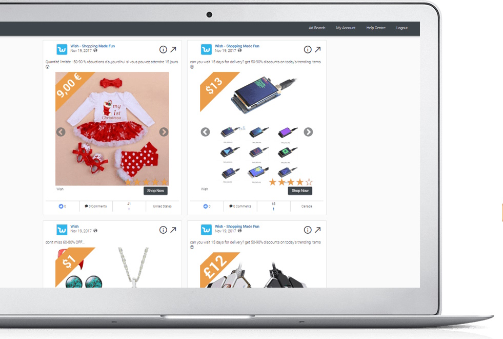 AdSpy dashboard on a laptop displaying Wish shopping ads with engagement metrics and country filters.