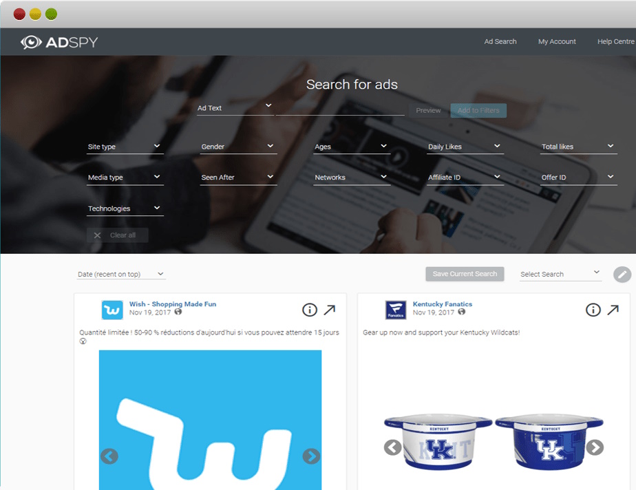 AdSpy dashboard showing ad search filters and sample Facebook ad results from Wish and Kentucky Fanatics.