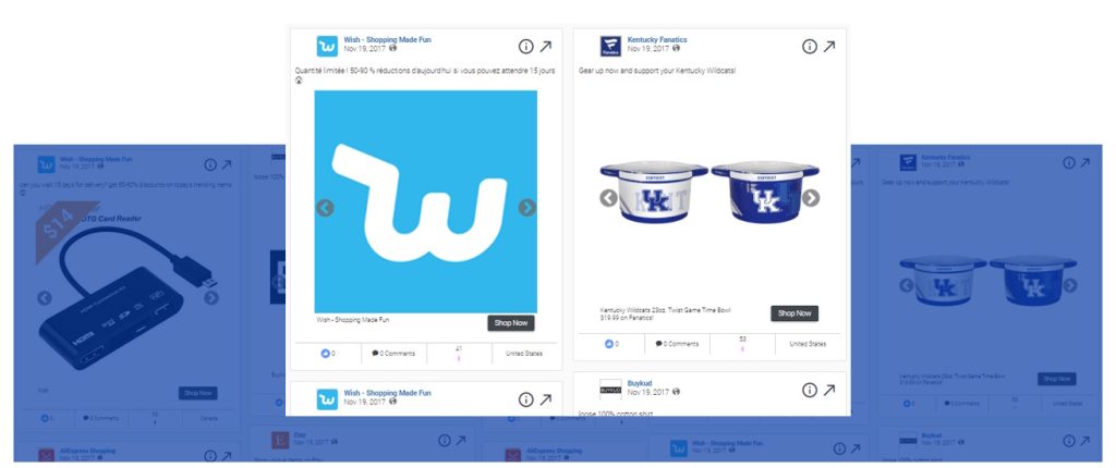 AdSpy interface showing Facebook ad results from Wish, Kentucky Fanatics, and other advertisers with engagement metrics.