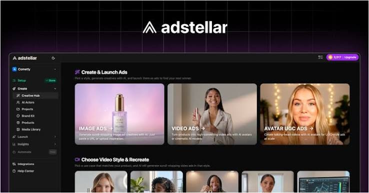 AdStellar AI platform dashboard showing options for creating image ads, video ads, and avatar UGC ads.