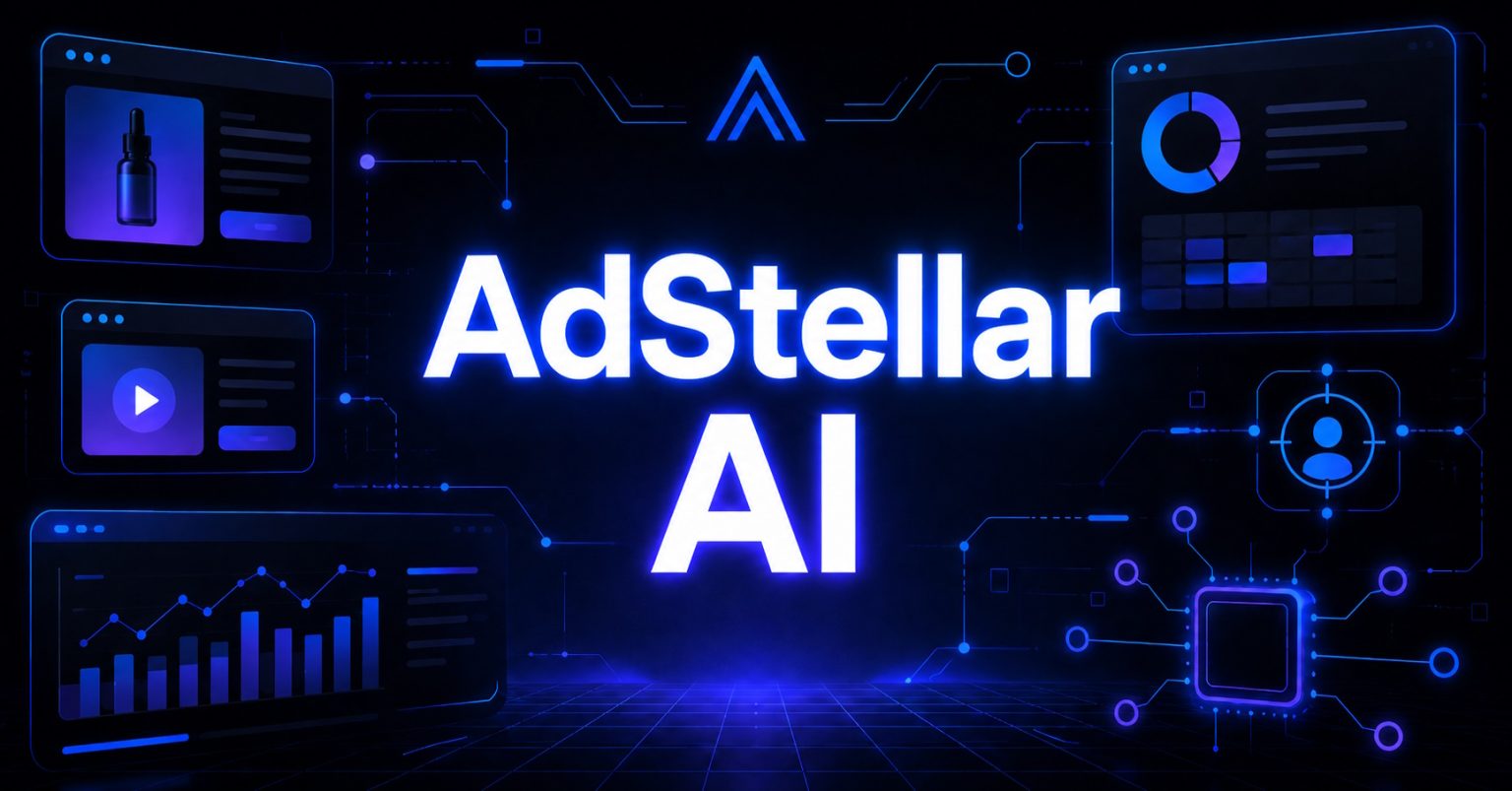 AdStellar AI promotional graphic with glowing text surrounded by analytics dashboards and targeting icons.