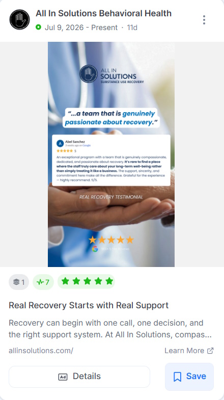 All In Solutions testimonial ad showing a five-star Google review from Abel Sanchez praising the recovery program.