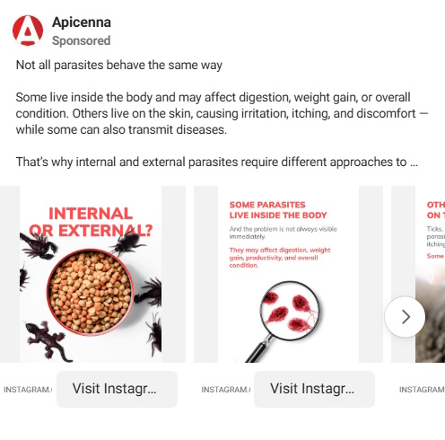 Apicenna sponsored carousel explaining internal versus external parasites across cards.