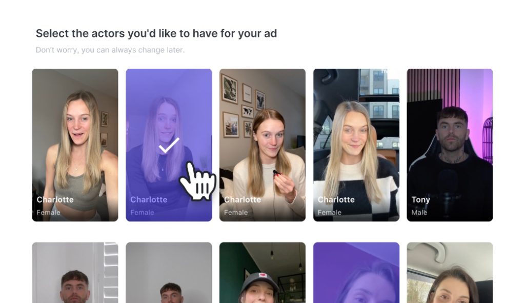 Arcads AI actor selection screen showing a grid of UGC-style presenters, with one female actor selected.