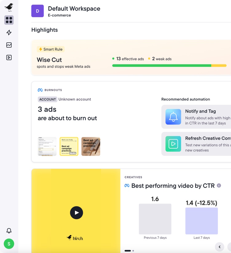 Birch dashboard showing Smart Rule highlights, burnout alerts for 3 ads, and top-performing video CTR data.